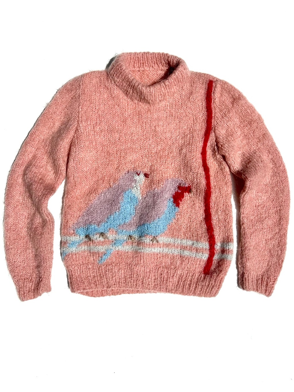 Hand Knit Bird Intarsia Mohair Blend Soft Pink Women's Crewneck Sweater, S
